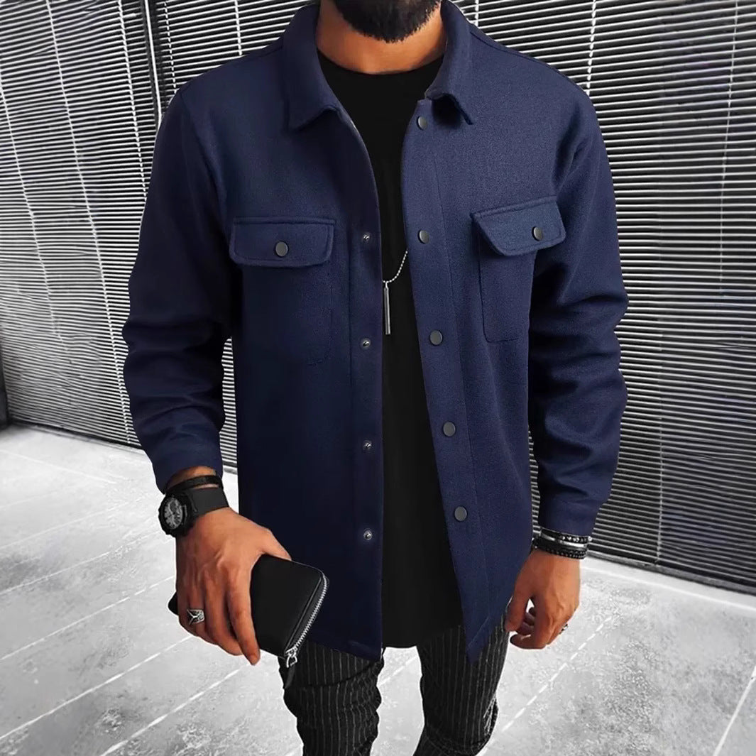 New Mens Button-front Overcoat With Flap Pockets