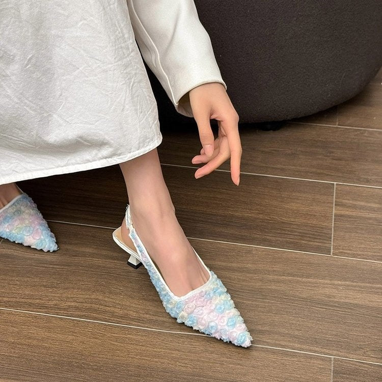 Women's French Style Lace Flower Closed Toe Sandals 2025 Summer New Pointed Toe Backless Slim High Heel Mule Sandals