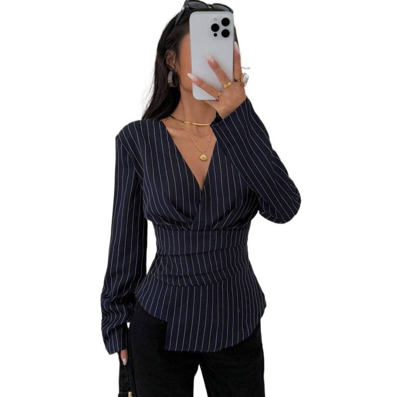 Women's Fashionable Contrast-Color Striped Printed Top