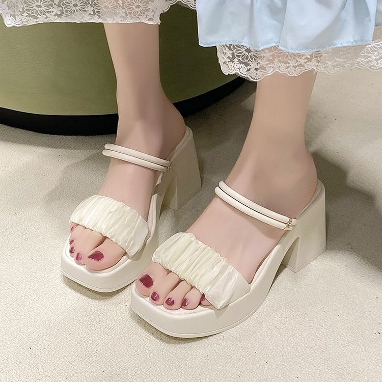 Women's Ruched Open Toe Slide Sandals 2026 Spring Summer Fairy Style Casual One-Strap High Heel Slip-On Slides