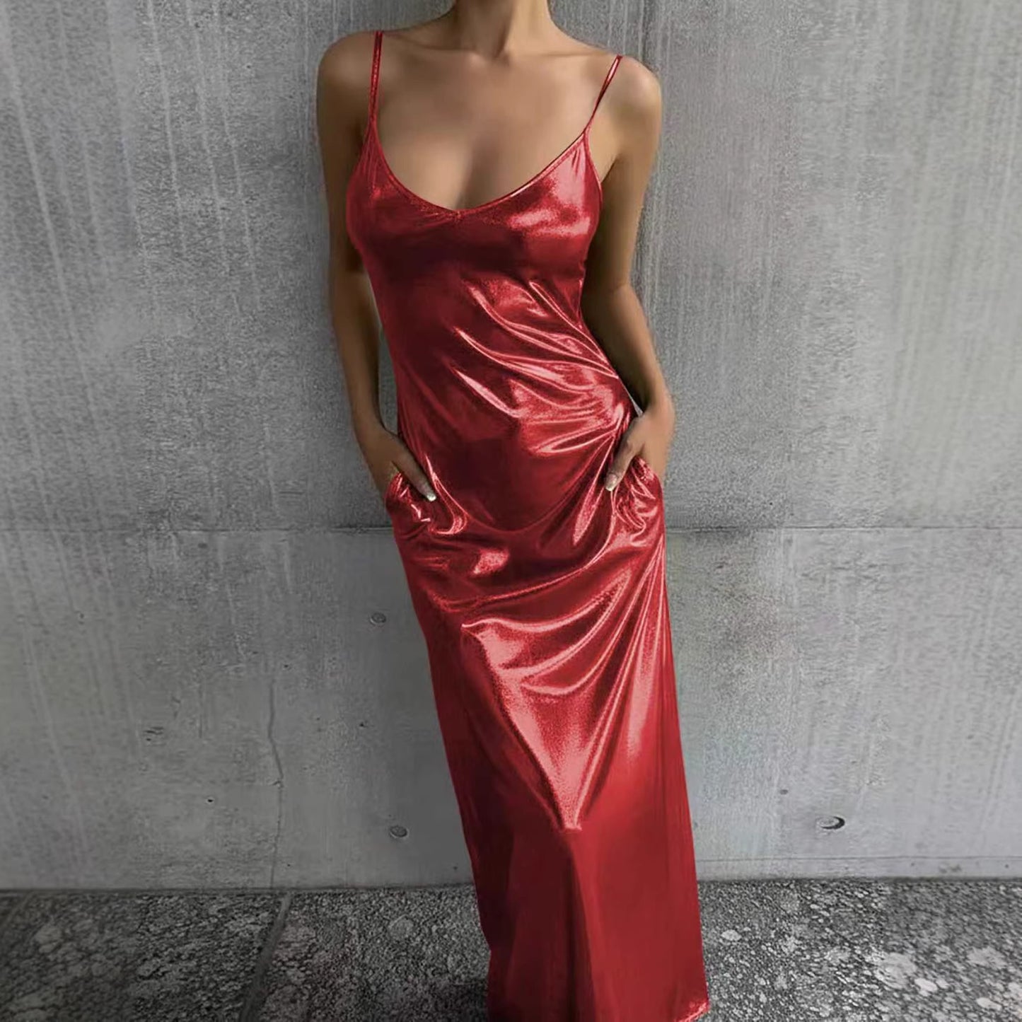 Textured Mirror-Finish Pocket Solid-Color Slip Dress With U-Neck For Women