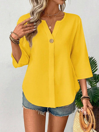 Loose-fitting Solid-color Casual Shirt With A Small V-neck And Buttons