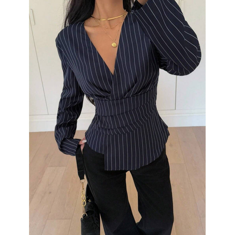 Women's Fashionable Contrast-Color Striped Printed Top