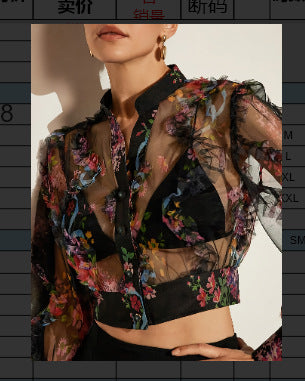 Niche Lace Floral Chiffon Shirt Long Sleeve Ruffle-trimmed Blouse