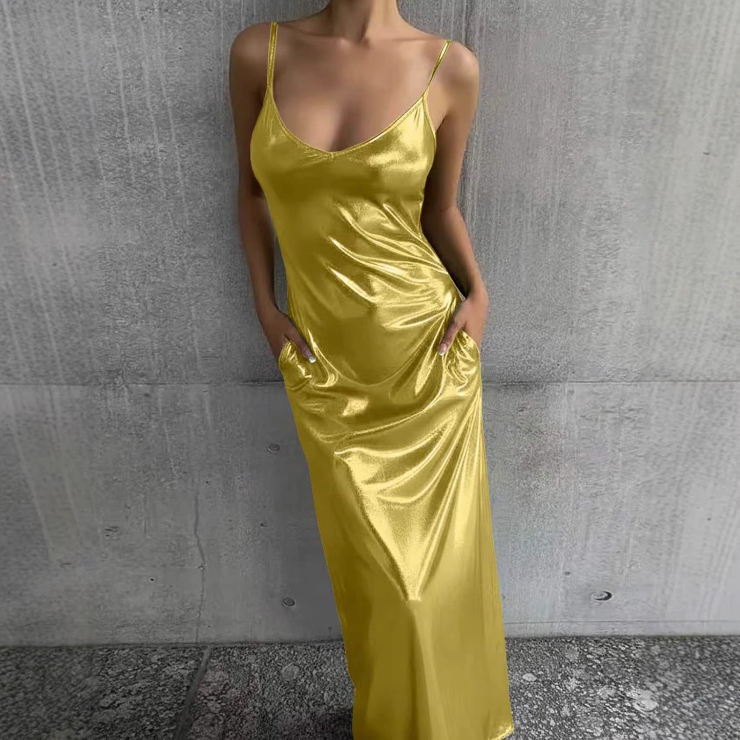 Textured Mirror-Finish Pocket Solid-Color Slip Dress With U-Neck For Women