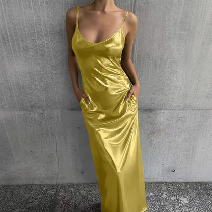 Textured Mirror-Finish Pocket Solid-Color Slip Dress With U-Neck For Women