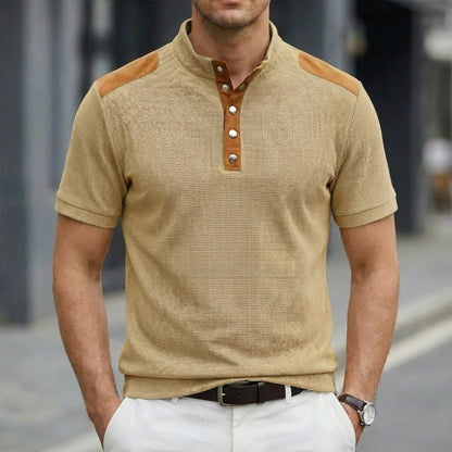 Casual Breathable Buttoned Stand Collar Color-Block Short-Sleeve Mens T-Shirt