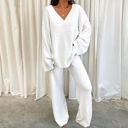 2026 European And American Independent Site European Winter Comfort Solid V-Neck Casual Daily Home Warm Two-Piece Set