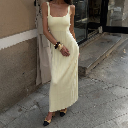 Casual Effortless Holiday Boat-Neck Pleated Slip Dress