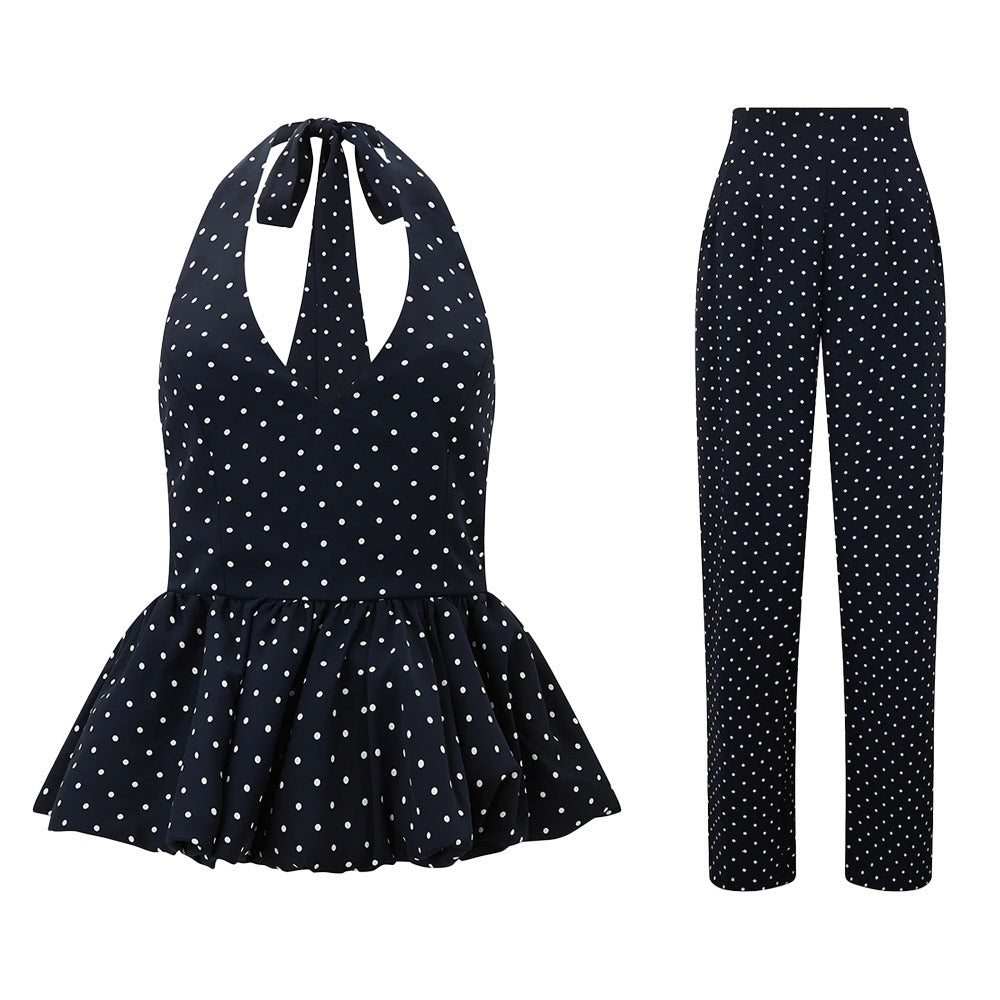 Polka-dot Print Elegant Halterneck Jumpsuit With Wide-leg Pants Set