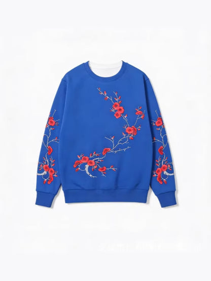 Black-base Red Plum Blossom Branch Print Loose-fitting Crewneck Sweatshirt