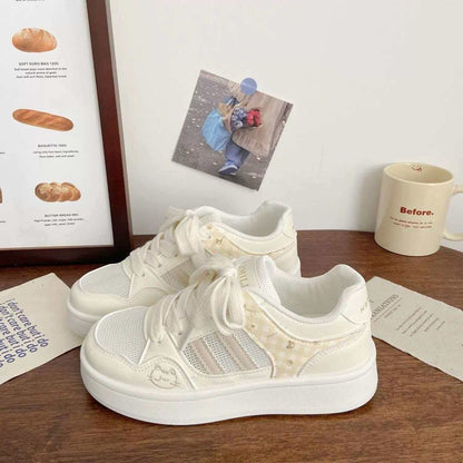 Cute Cat Design Low-Top White Shoes For Women, New Spring 2026 Collection, Versatile Fashion Casual Sneakers With Soft Sole And Unique Stylish Design
