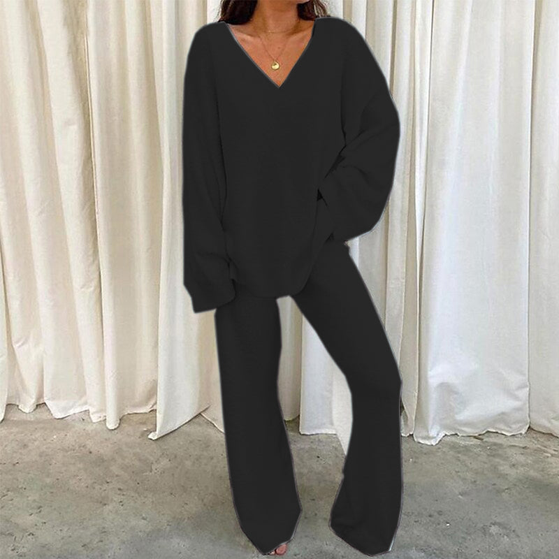 2026 European And American Independent Site European Winter Comfort Solid V-Neck Casual Daily Home Warm Two-Piece Set