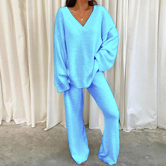 2026 European And American Independent Site European Winter Comfort Solid V-Neck Casual Daily Home Warm Two-Piece Set