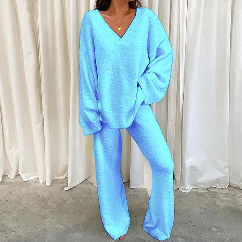 2026 European And American Independent Site European Winter Comfort Solid V-Neck Casual Daily Home Warm Two-Piece Set