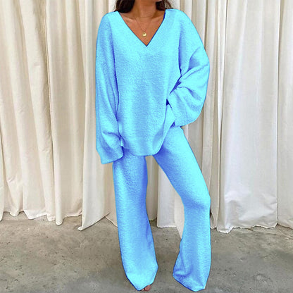 2026 European And American Independent Site European Winter Comfort Solid V-Neck Casual Daily Home Warm Two-Piece Set