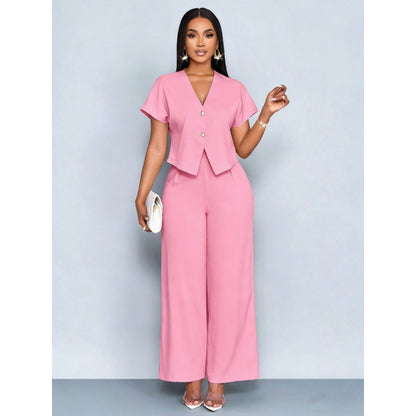 Short-sleeve V-neck Irregular Cardigan And Straight-leg Wide-leg Pants Set