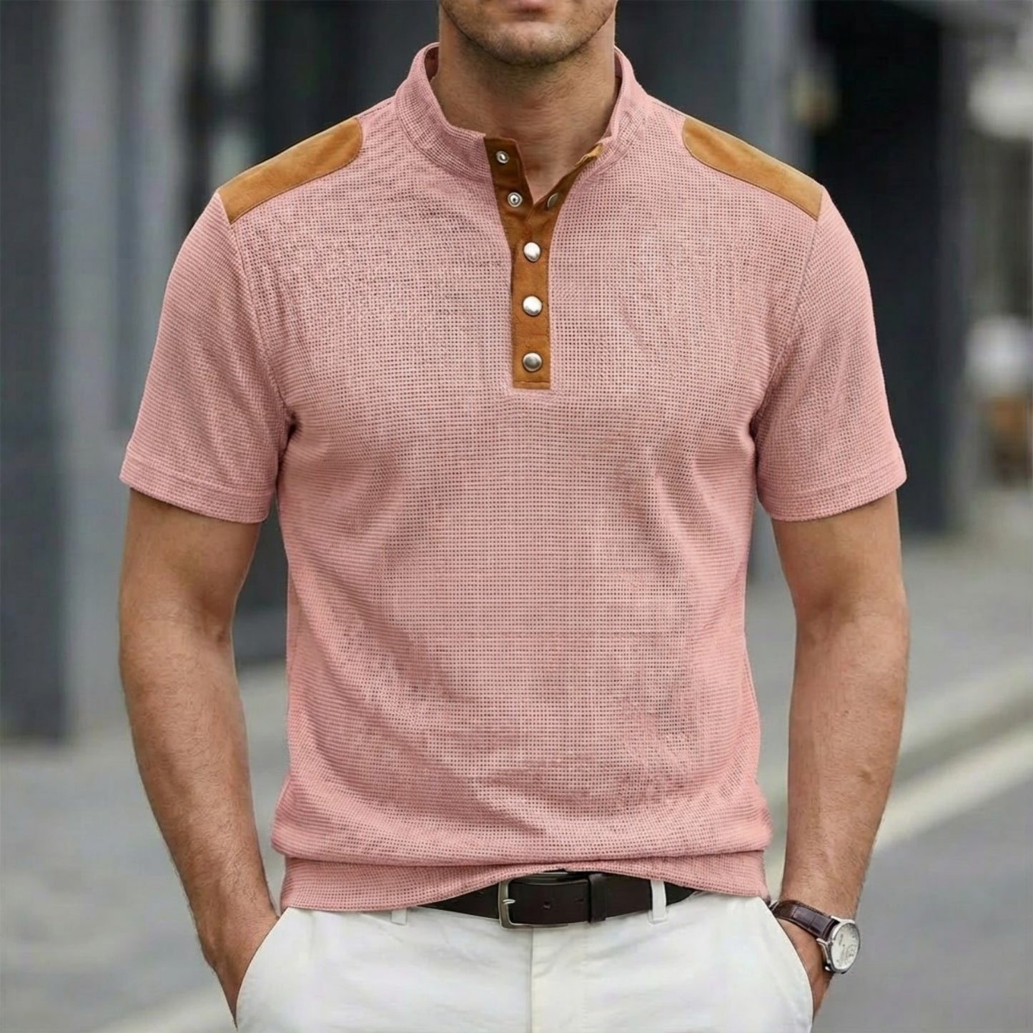 Casual Breathable Buttoned Stand Collar Color-Block Short-Sleeve Mens T-Shirt