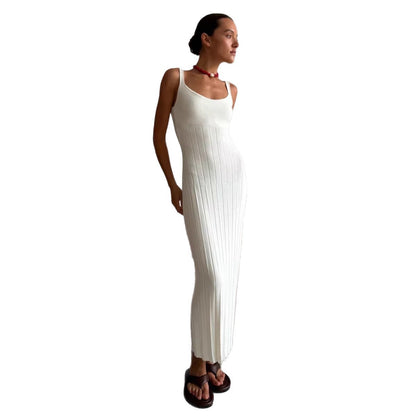 Casual Effortless Holiday Boat-Neck Pleated Slip Dress
