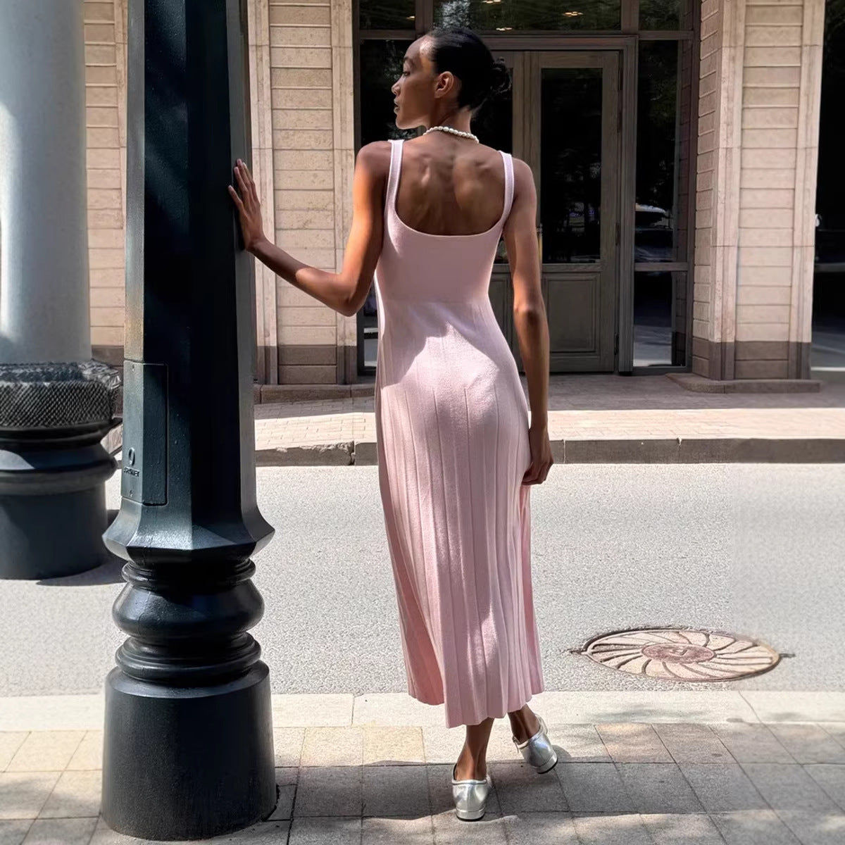 Casual Effortless Holiday Boat-Neck Pleated Slip Dress