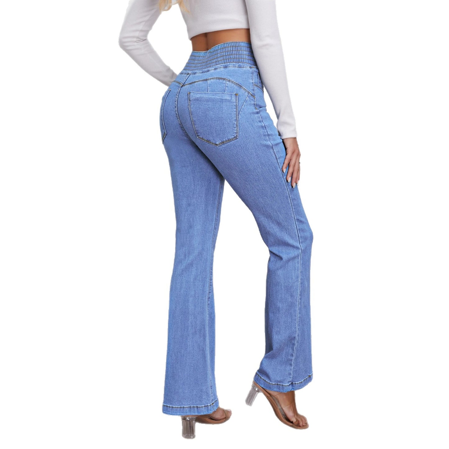 Elastic Waisted High-waist Stretch Slim-fit Boot-lift Denim Trousers