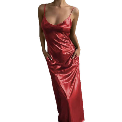 Textured Mirror-Finish Pocket Solid-Color Slip Dress With U-Neck For Women