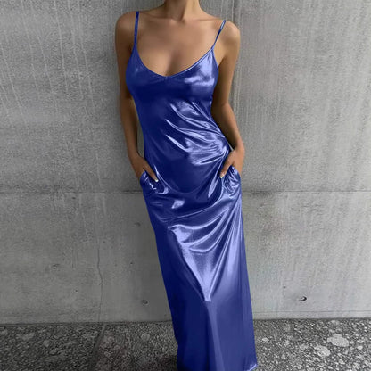 Textured Mirror-Finish Pocket Solid-Color Slip Dress With U-Neck For Women