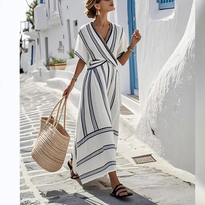 Casual Loose Retro Striped Print Holiday Dress Summer Short Sleeve V Neck Robes Dress Boho Beach Pleated A-Line Long Dress Woman