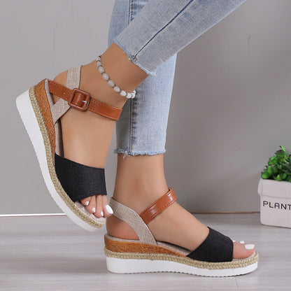 New Style Ankle-Strap Jute-Soled Lightweight Casual Fishmouth Wedge Sandals For Women