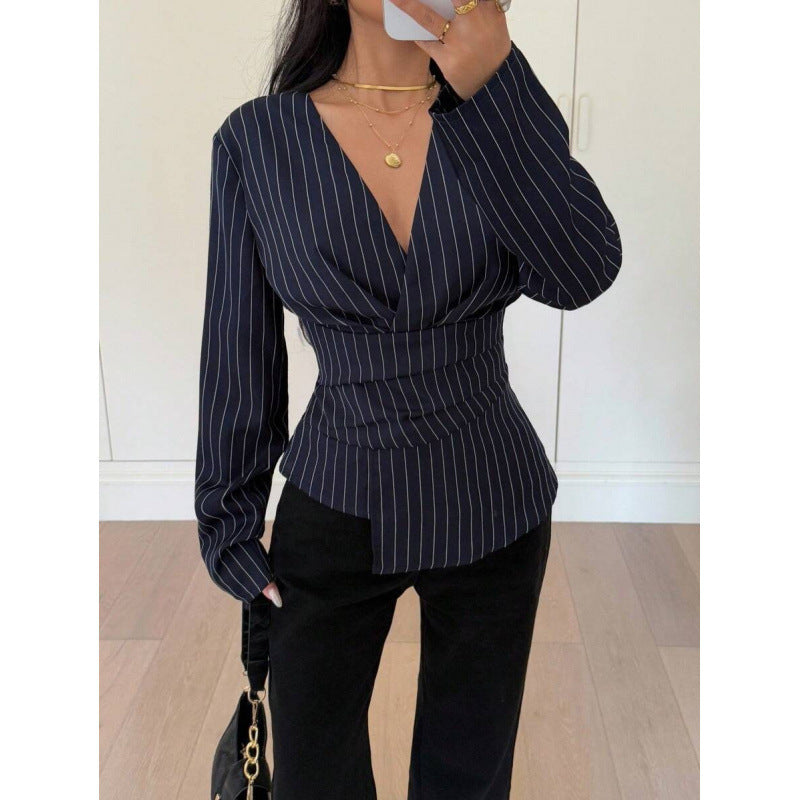 Women's Fashionable Contrast-Color Striped Printed Top