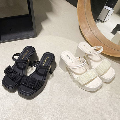Women's Ruched Open Toe Slide Sandals 2026 Spring Summer Fairy Style Casual One-Strap High Heel Slip-On Slides