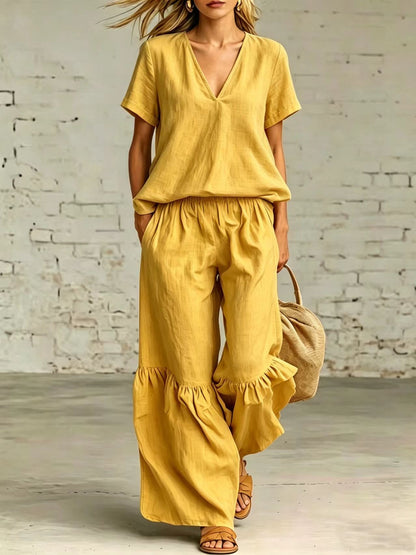 Womens Casual Solid Color V-Neck Loose Short-Sleeve Pants Set