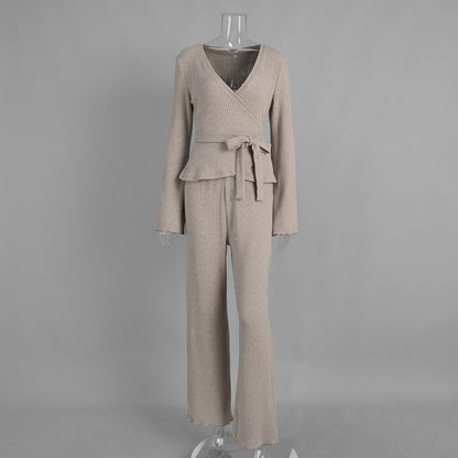 V-neck Knitted Ribbed Lace-up Long-sleeve Pants Two-piece Set