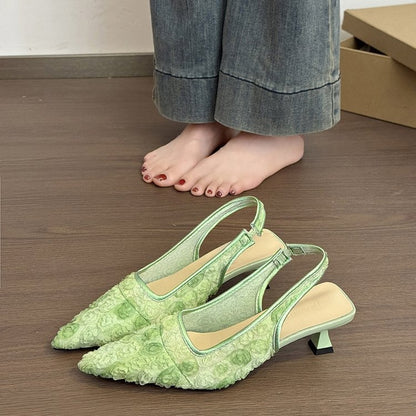 Women's French Style Lace Flower Closed Toe Sandals 2025 Summer New Pointed Toe Backless Slim High Heel Mule Sandals