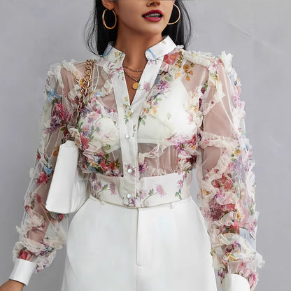 Niche Lace Floral Chiffon Shirt Long Sleeve Ruffle-trimmed Blouse