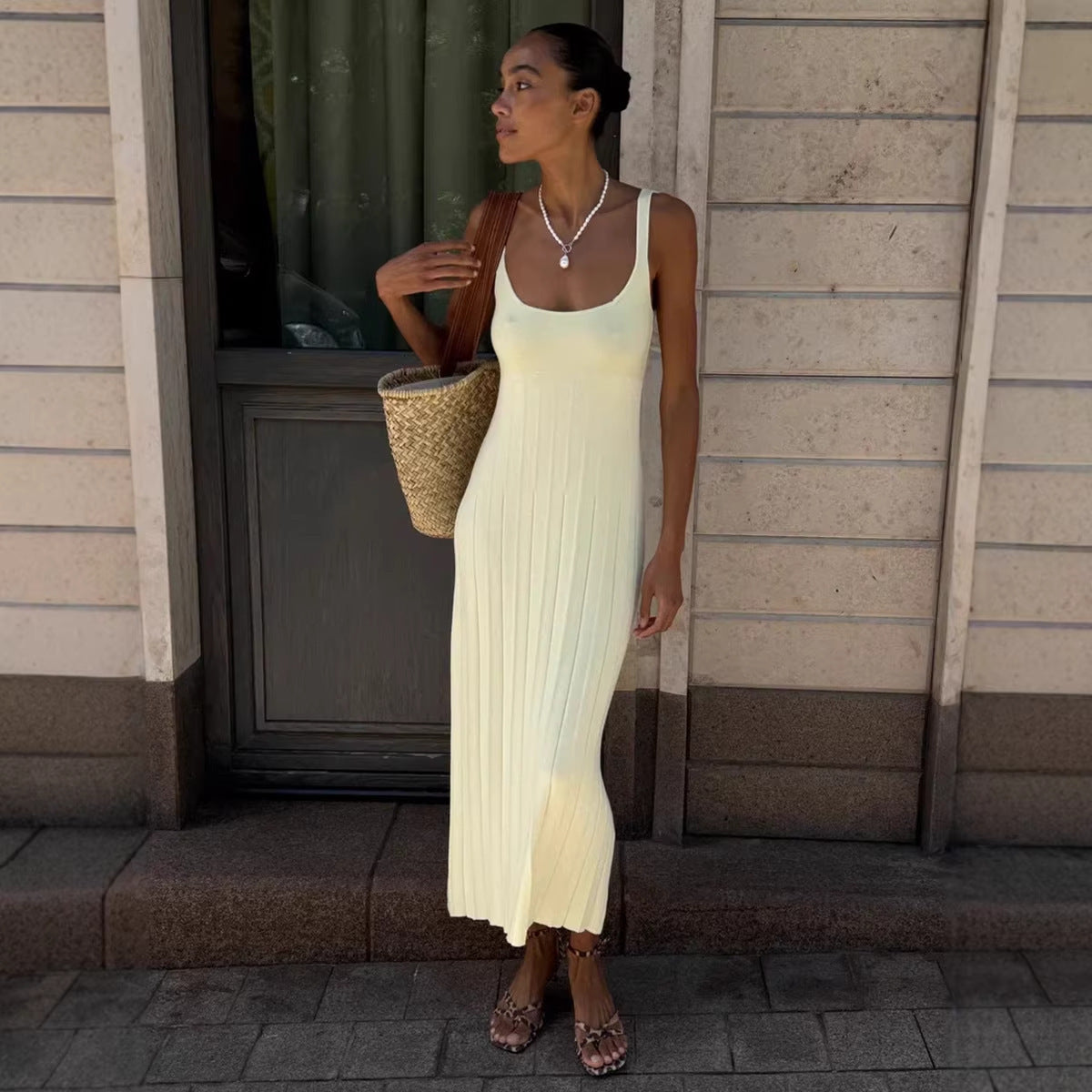 Casual Effortless Holiday Boat-Neck Pleated Slip Dress