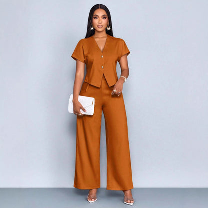 Short-sleeve V-neck Irregular Cardigan And Straight-leg Wide-leg Pants Set