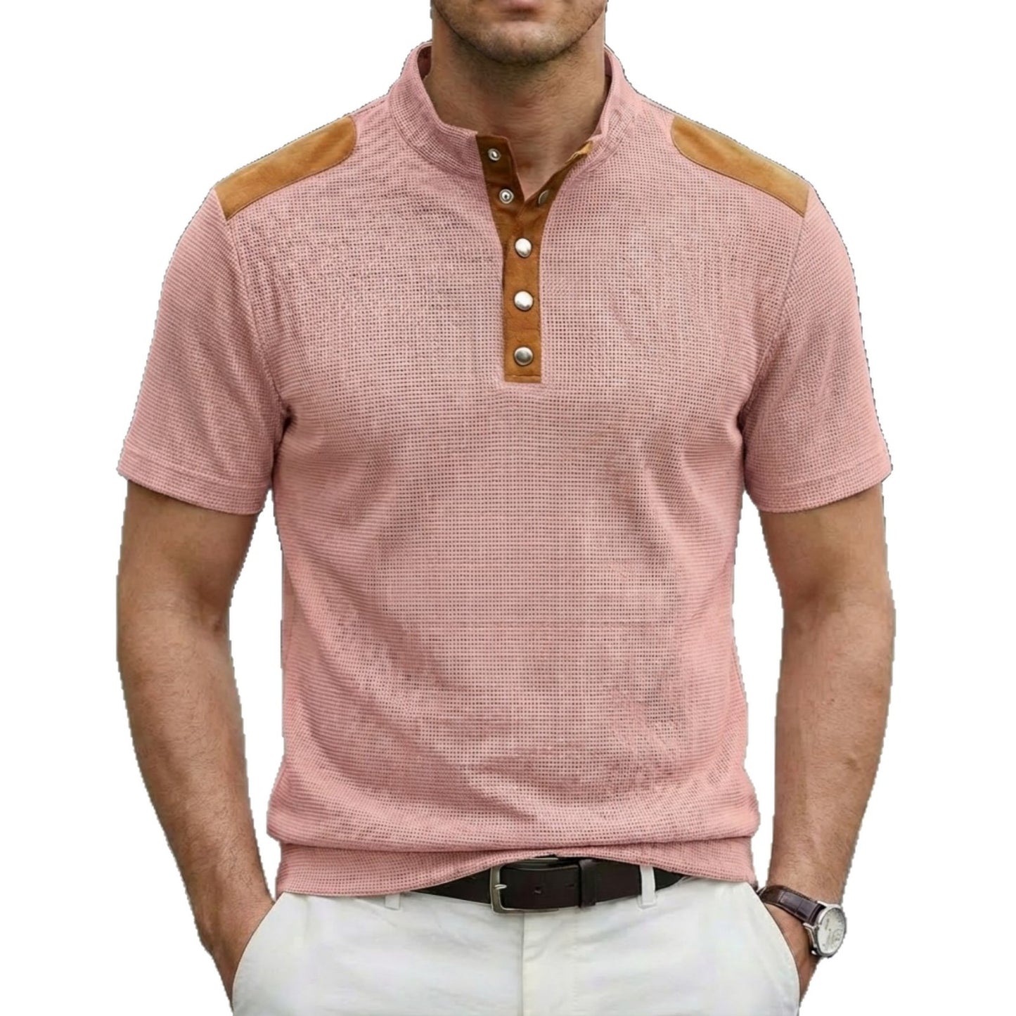 Casual Breathable Buttoned Stand Collar Color-Block Short-Sleeve Mens T-Shirt