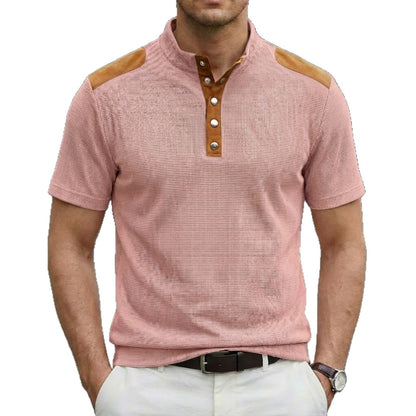 Casual Breathable Buttoned Stand Collar Color-Block Short-Sleeve Mens T-Shirt
