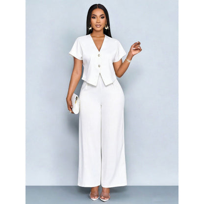 Short-sleeve V-neck Irregular Cardigan And Straight-leg Wide-leg Pants Set