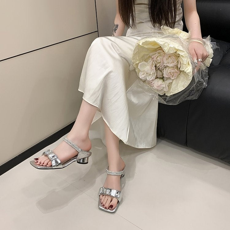 2026 Early Spring Fairy-Inspired Crystal & Rhinestone Sandals For Women, Sheer One-Strap Mid Block Heel Design, Trendy Outdoor Fashion Shoes