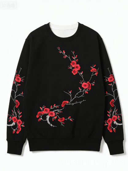 Black-base Red Plum Blossom Branch Print Loose-fitting Crewneck Sweatshirt