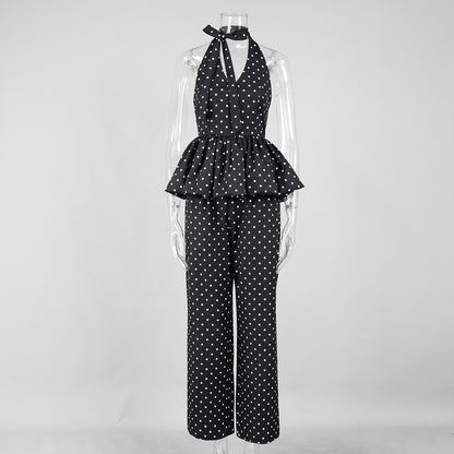 Polka-dot Print Elegant Halterneck Jumpsuit With Wide-leg Pants Set