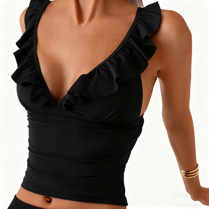 Ruffle-trimmed Solid-color Bikini Three-piece Set For Vacation