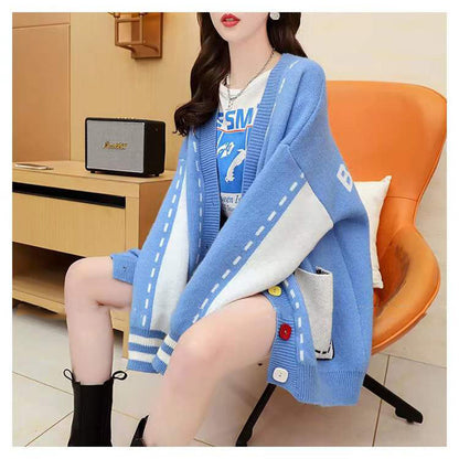 V-neck Contrast-Colored Designer Sweater Womens All-Match Outerwear