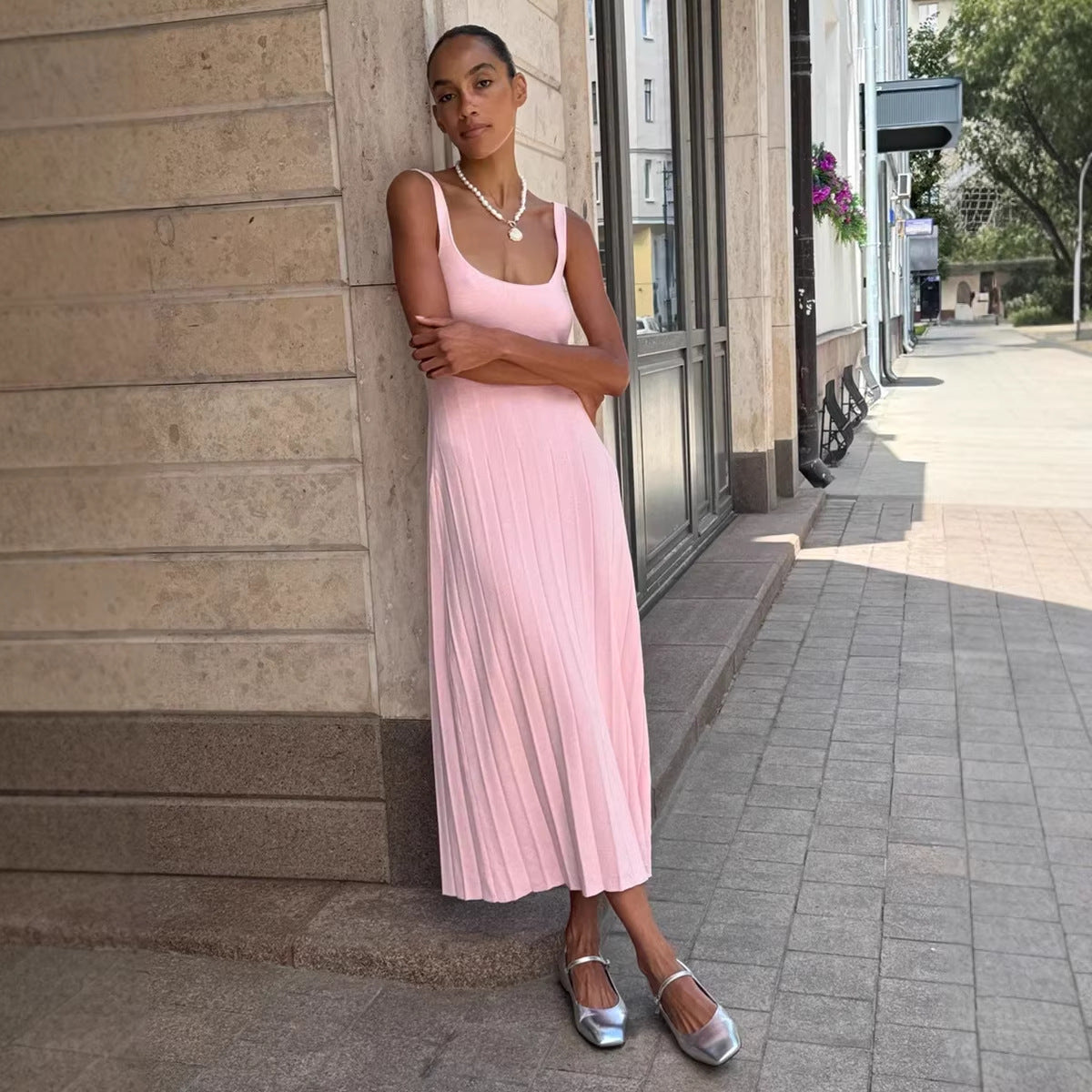 Casual Effortless Holiday Boat-Neck Pleated Slip Dress