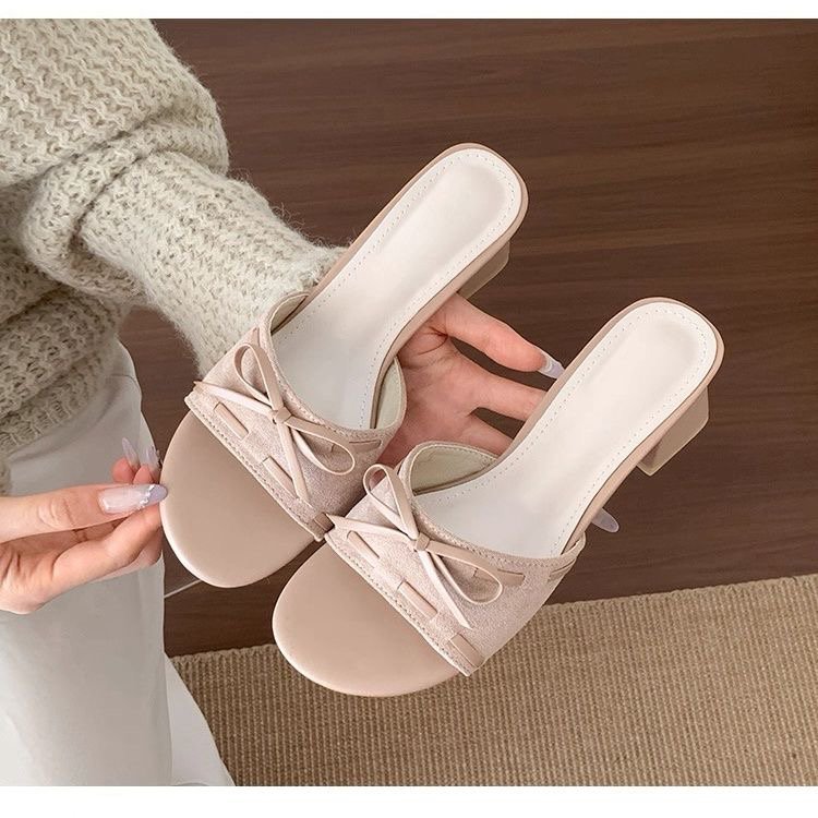 Niche Design Chunky Heel Slide Sandals For Women, New Summer 2025, Korean Style Elegant Slip-on Slippers To Match Dresses