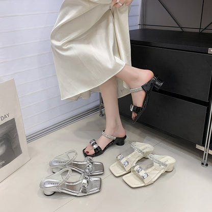 2026 Early Spring Fairy-Inspired Crystal & Rhinestone Sandals For Women, Sheer One-Strap Mid Block Heel Design, Trendy Outdoor Fashion Shoes