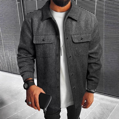 New Mens Button-front Overcoat With Flap Pockets