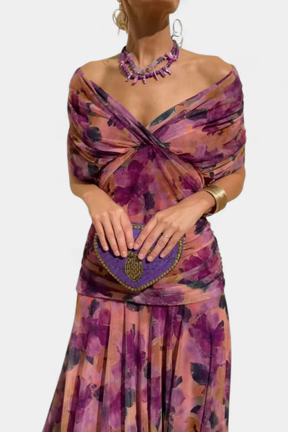 Chiffon Short-sleeved Dress Summer Fashion Print V-neck Long Dress, Women's Clothing